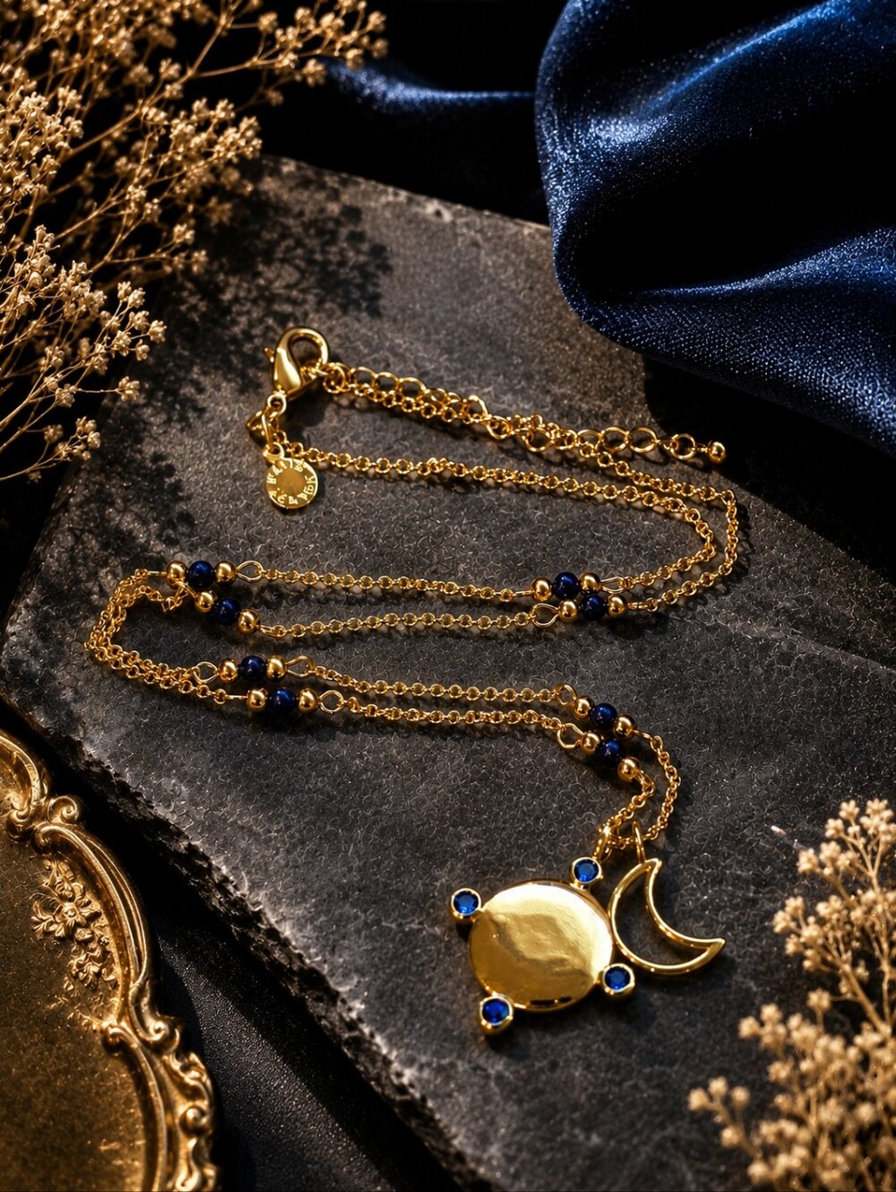 Katie Loxton Celestial Moon & Sun Gold-Tone Necklace with Blue Accents